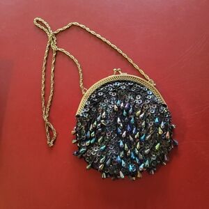 Vintage Black Fringe Sequin Beaded Clutch Purse Evening Bag Clamshell